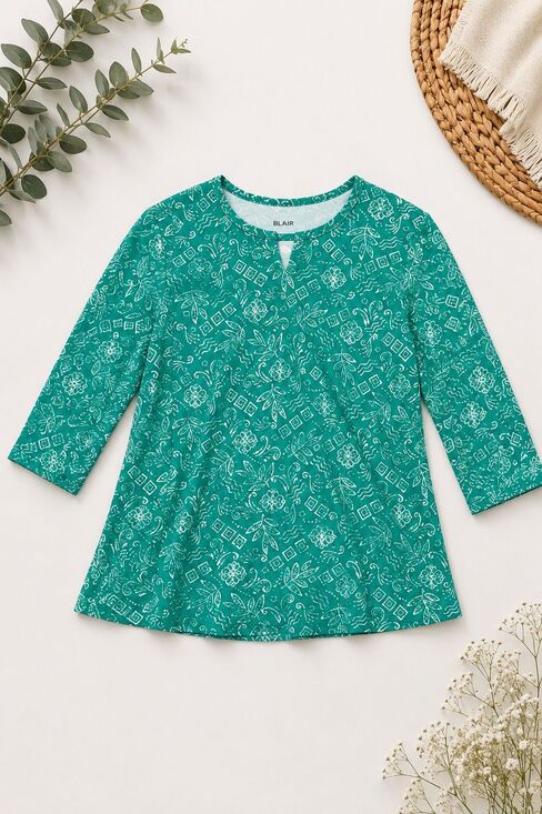 Blair Tops - Blair Women’s Large Green White Print 3/4 Sleeve Tunic Top Casual Blouse